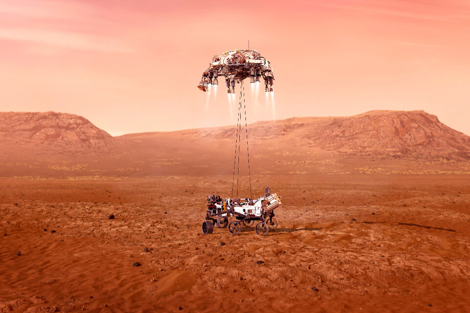 El momento en que el Perseverance tocó suelo de Marte.  (Fuente: NASA)