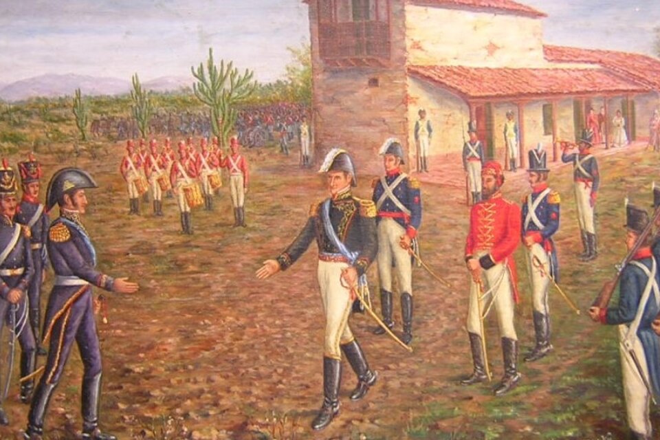 Belgrano entrega el mando del Ejército a San Martín, detrás Güemes. Una licencia del autor del cuadro ya que el salteño no estuvo en ese encuentro.