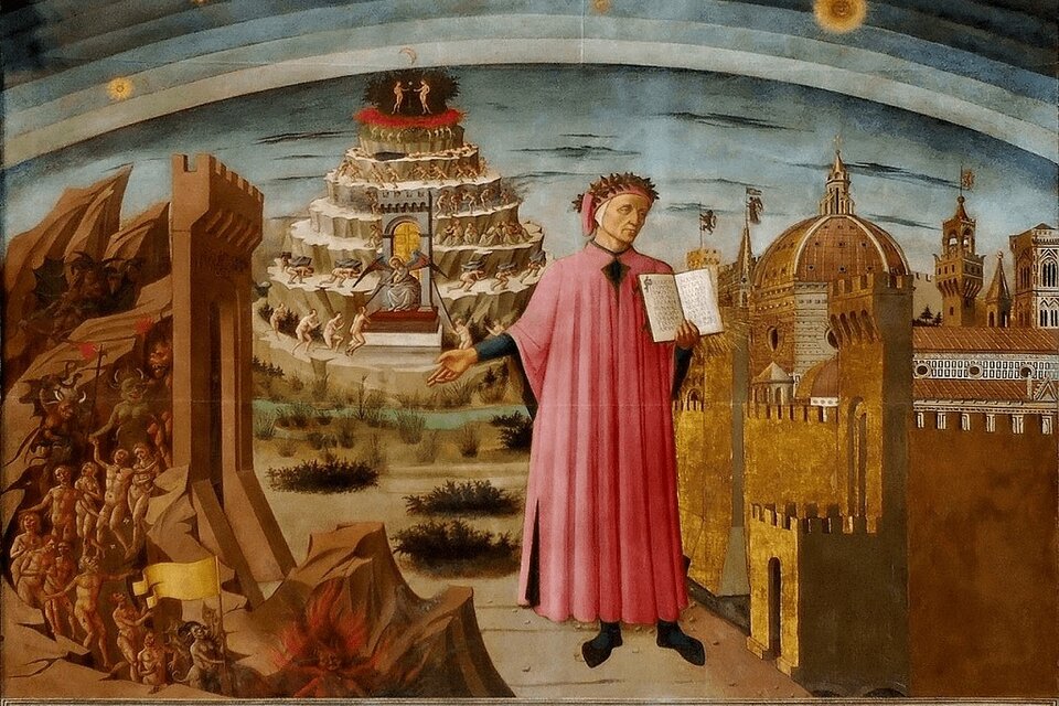 Dante sosteniendo una copia del poema y dando entrada al infierno, de Botticelli.