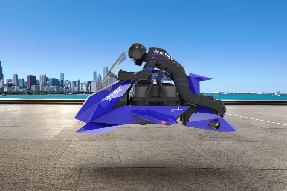 La moto voladora The Speeder pesa solamente 104KG y puede llevar un piloto de hasta 108kg. (Fuente: JetPack Aviation)