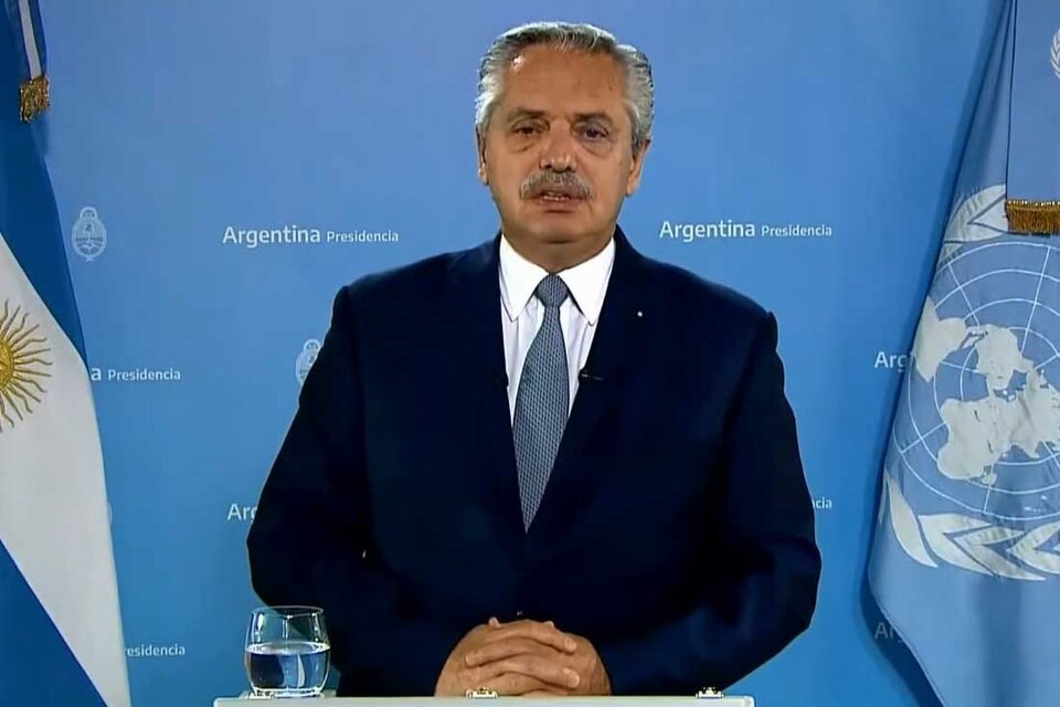 Alberto Fernández durante su discurso en forma remota en la ONU. (Fuente: Télam)