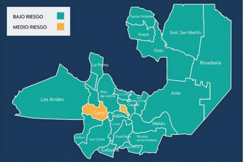 Mapa del riesgo de transmisión en la provincia (Fuente: Ministerio de Salud dfe Salta). 
