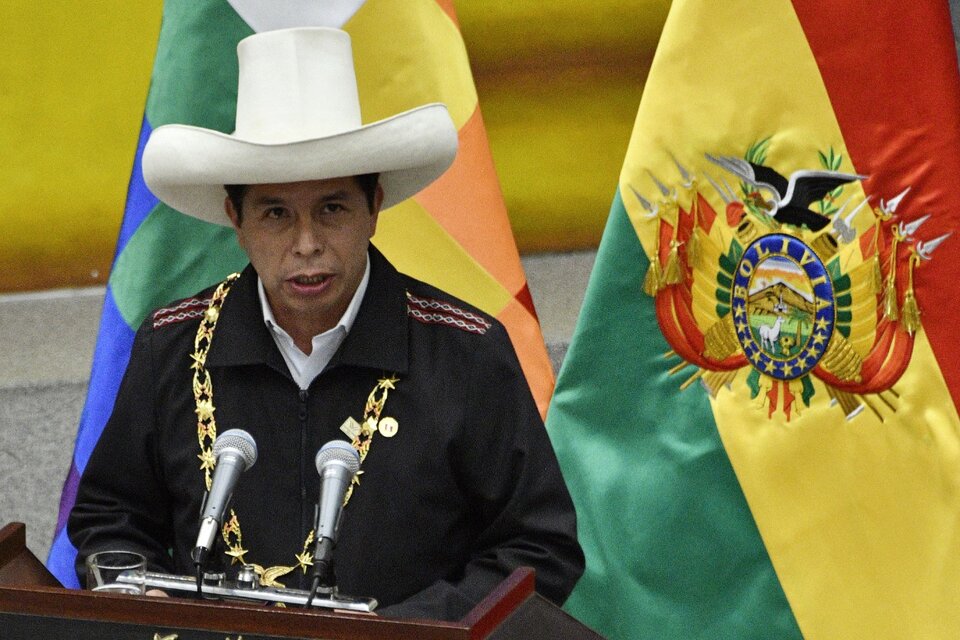 Pedro Castillo en una ceremonia con sus aliados bolivianos. (Fuente: AFP)