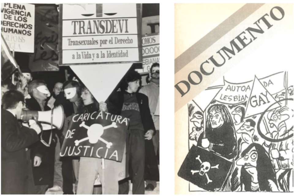 Izq. Karina Urbina en la Primera Marcha del Orgullo - Fondo Crónica | Der. Karina Urbina caricaturizada por Cuneo en Revista Humor Julio de 1992
