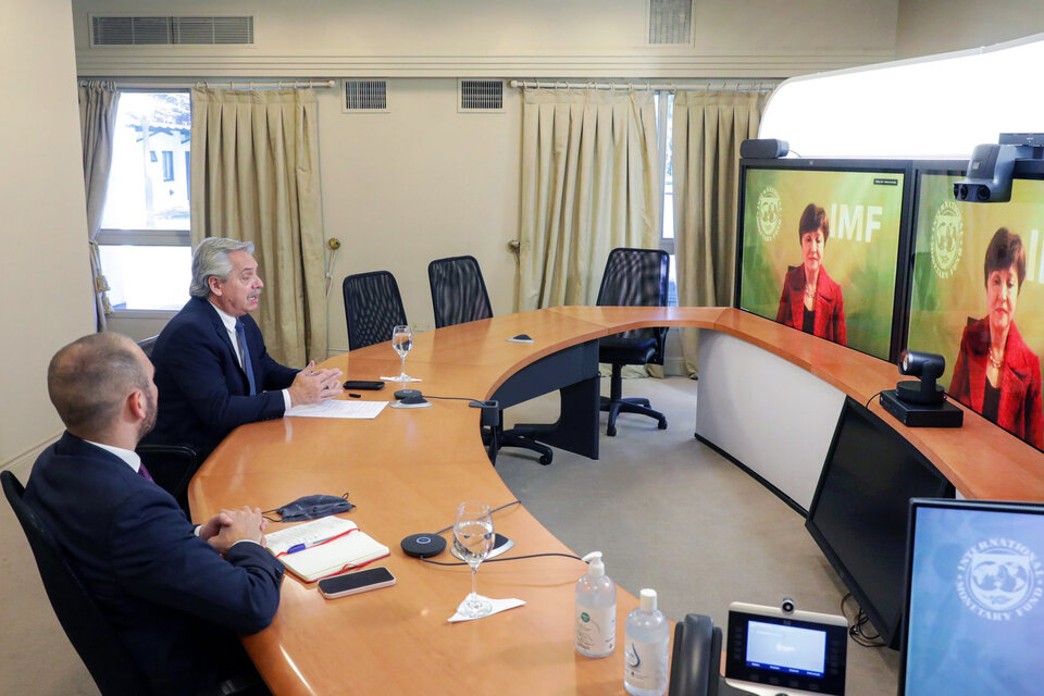 Alberto Fernández en reunión virtual con Kristalina Georgieva. (Fuente: Presidencia)