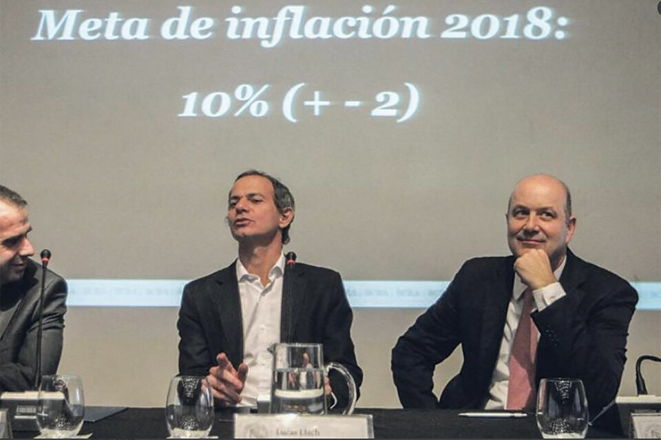 Lucas Llach y Federico Sturzenegger en pleno anuncio de la inflación prevista para 2018. Previeron 10%, fue el 48. (Fuente: Télam)