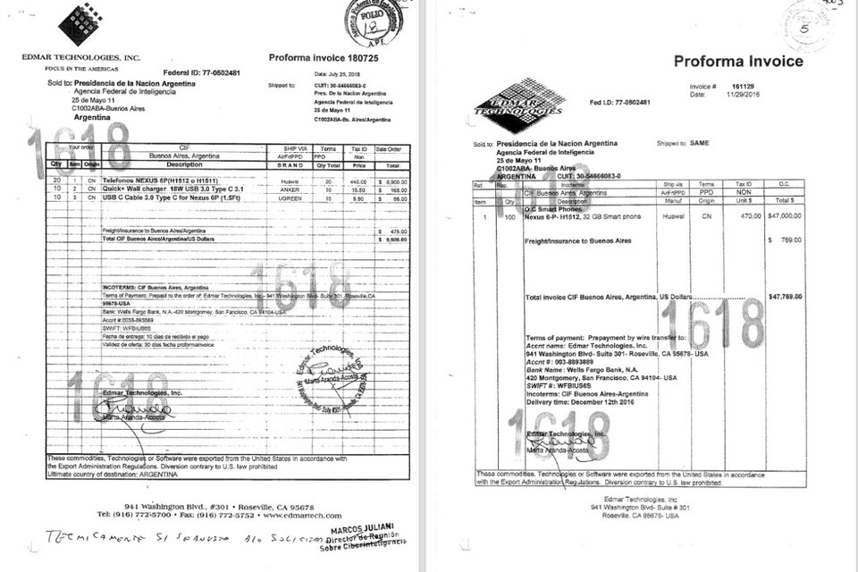 Las facturas de Edmar Technologies, de la compra en Estados Unidos