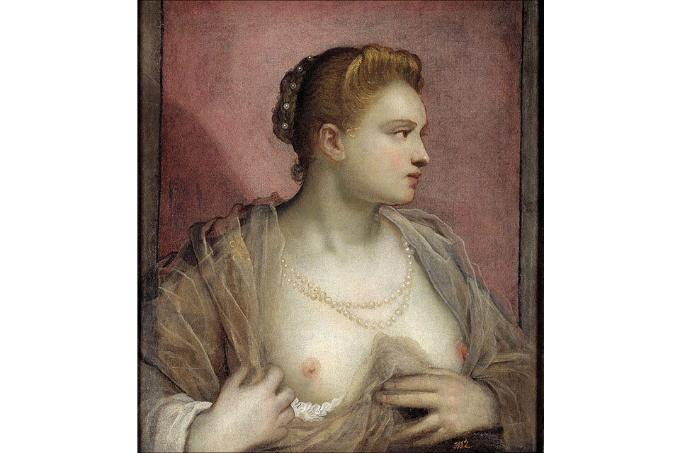 La dama que descubre el seno, de Domenico Tintoretto. Exhibida en el Museo del Prado. 