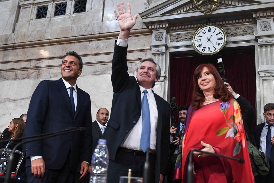Las tres cabezas de la coalición de Gobierno, Cristina Kirchner, Alberto Fernández y Sergio Massa. (Fuente: Bernardino Avila)