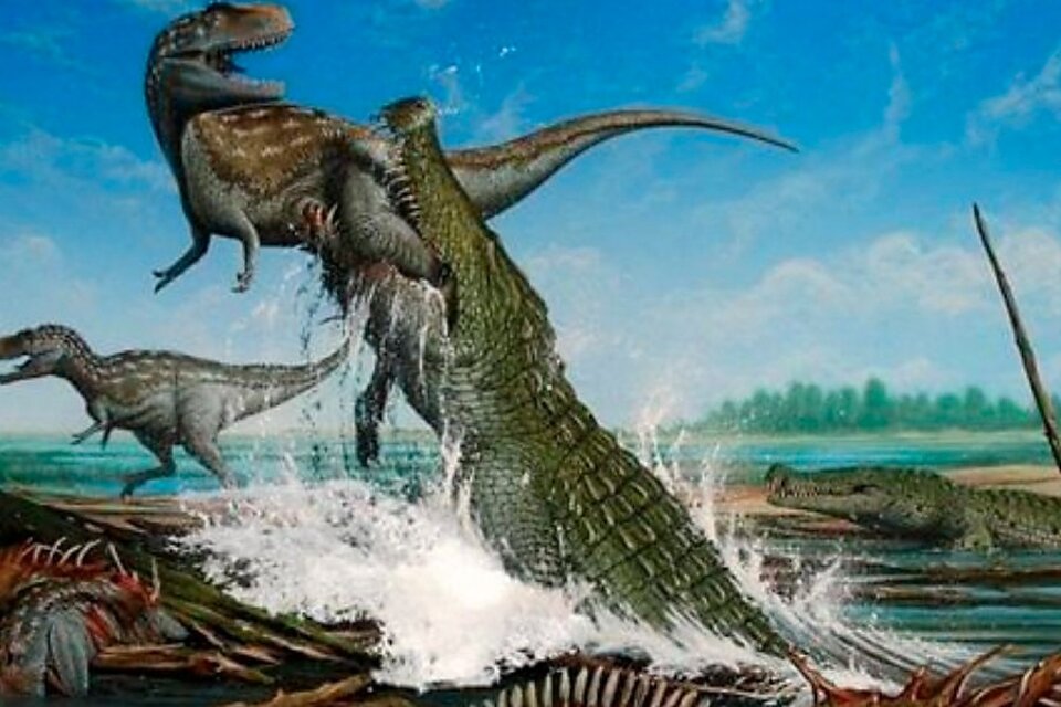 Una imagen de cómo un cocodrilo atrapaba a un dinosaurio.