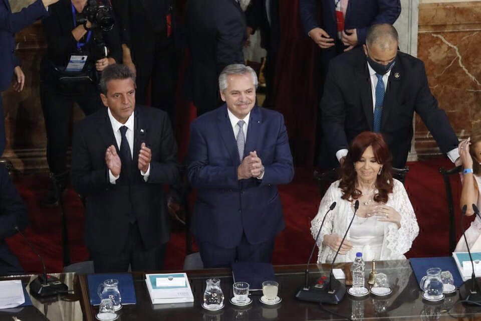 Sergio Massa, Alberto Fernández y Cristina Kirchner, las tres cabezas del Frente de Todos. (Fuente: Leandro Teysseire)