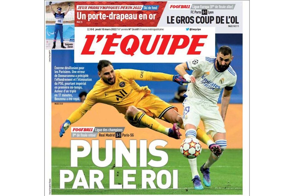 La tapa del diario deportivo francés L'Equipe: "Castigados por el rey".