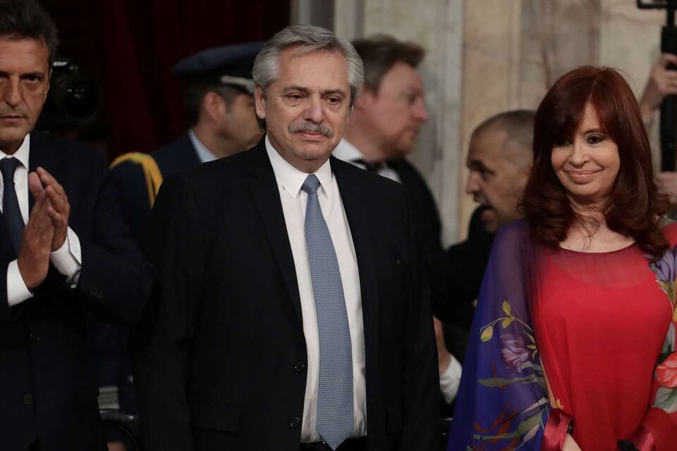 Sergio Massa, Alberto Fernández y Cristina Kirchner, las tres cabezas del Frente de Todos. (Fuente: NA)