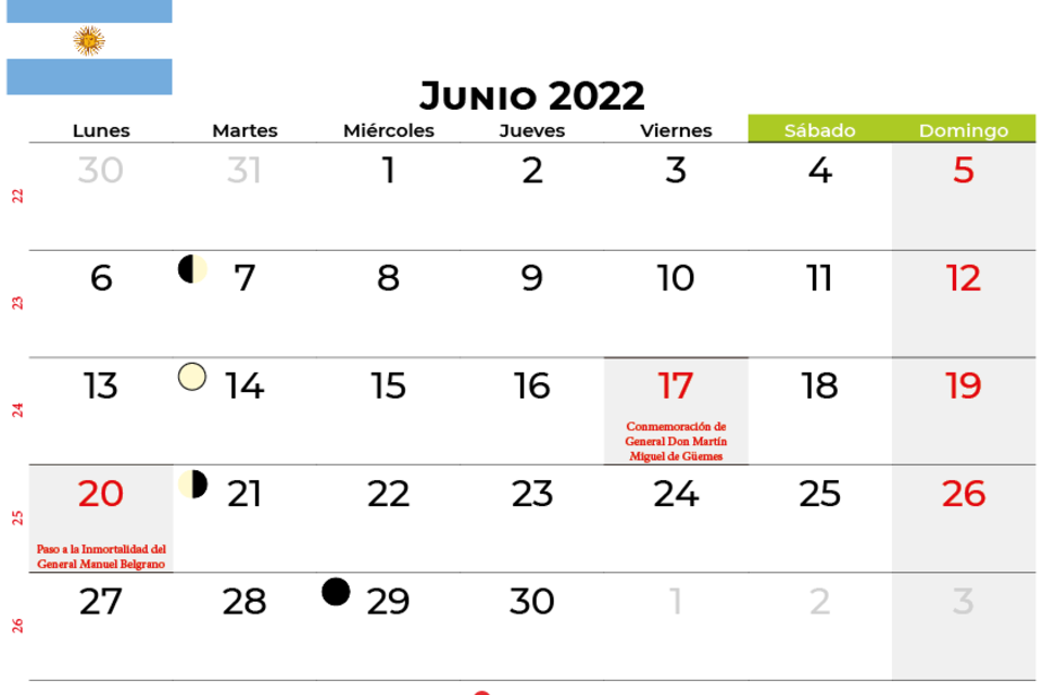 Junio tendrá dos feriados: el 17 y el 20. 
