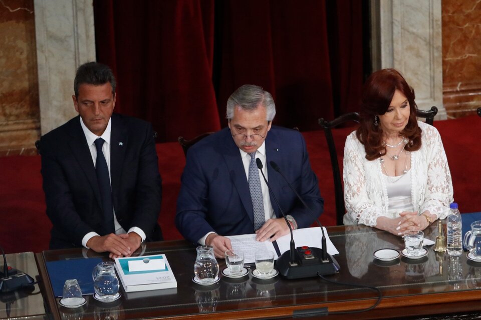 Sergio Massa, Alberto Fernández y Cristina Kirchner, las tres cabezas del Frente de Todos. (Fuente: Leandro Teysseire)