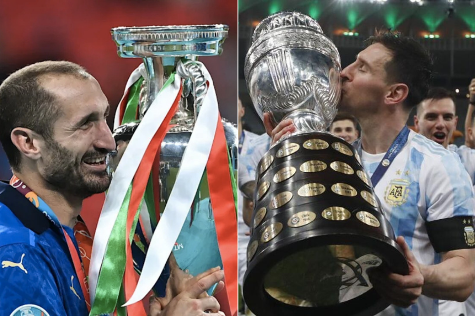 Giorgio Chiellini y Lionel Messi, los capitanes de ambas selecciones, con los trofeos de la Eurocopa y la Copa América. 