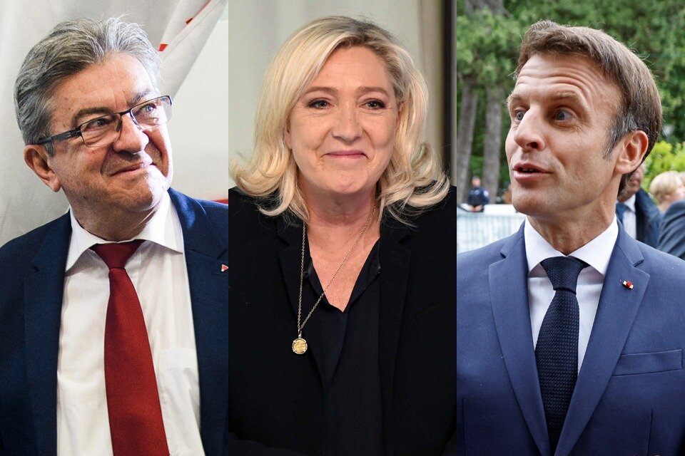 Las tres caras de la segunda vuelta en Francia: Jean-Luc Mélenchon, Marine Le Pen y Emmanuel Macron.