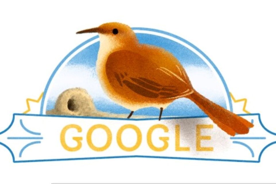 El hornero, el ave nacional, y la particular estructura de su nido, en el doodle de este 9 de julio. 