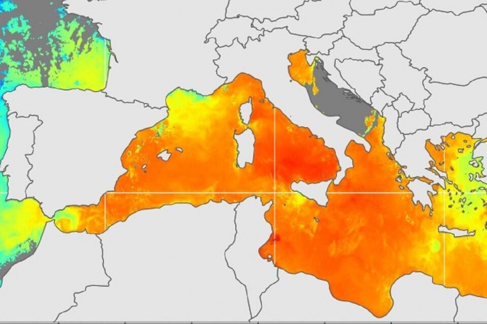 El mapa de calor que muestra las temperaturas en el Mar Mediterráneo.