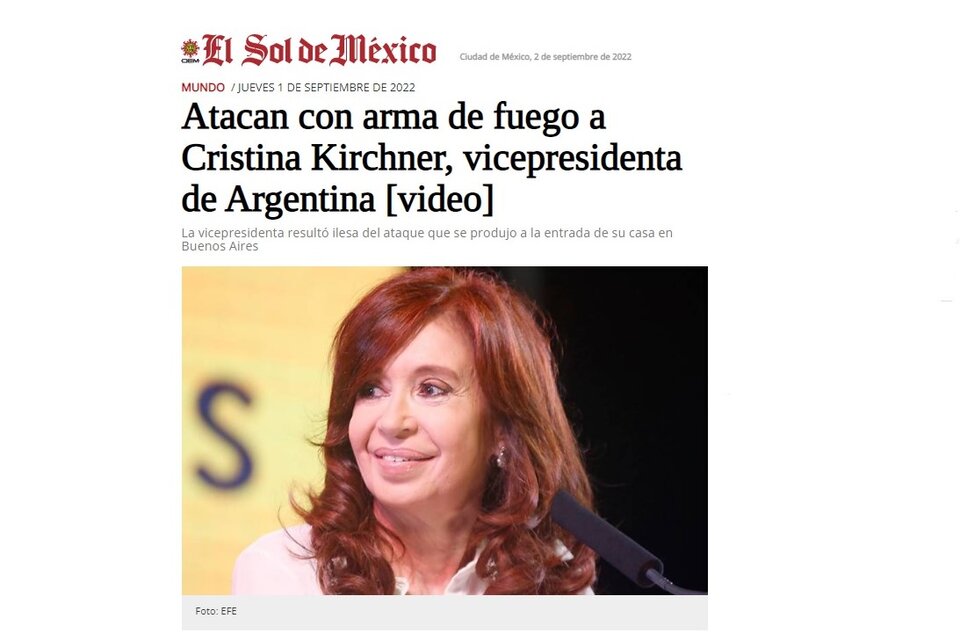 Medios del mundo cubrieron el ataque contra Cristina Kirchner. Imagen: captura de pantalla.