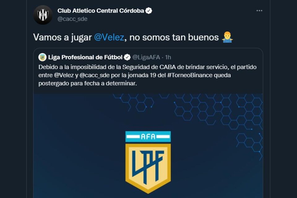 Central Córdoba ironizó desde sus redes por la suspensión. Luego borraron el tuit (Fuente: Twitter)
