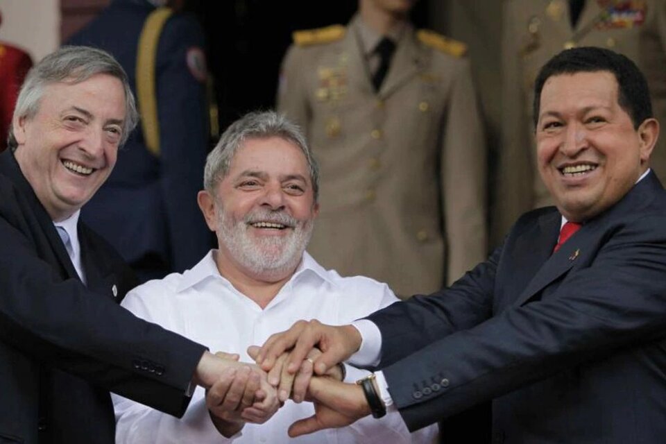 Néstor Kirchner, Lula Da Silva y Hugo Chavez. 2010, NK presidía la Unasur. (Fuente: Télam)