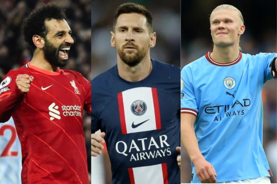 Mohamed Salah (EFE), Lionel Messi (AFP) Erling Haaland (AFP), figuras del Liverpool, PSG y Manchester City respectivamente.