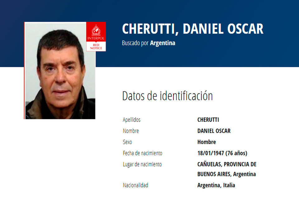 La alerta roja de Daniel Oscar Cherutti emitida por Interpol.