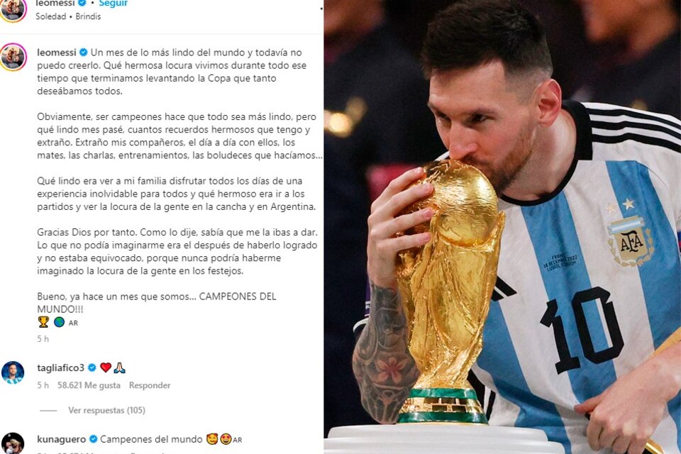 Messi, la Copa y el posteo, con comentarios de Tagliafico y Agüero (Fuente: Instagram)
