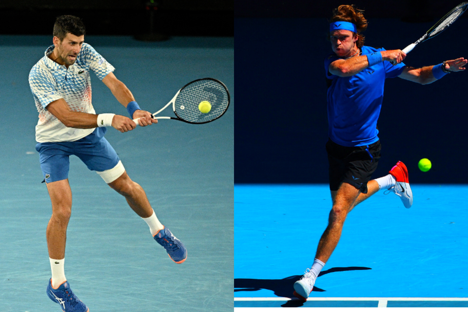 Novak Djokovic y Andrey Rublev juegan por los cuartos de final del Australian Open.  (Fuente: AFP)