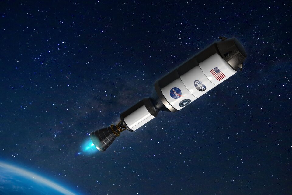 Concepto artístico del cohete de propulsión nuclear que la NASA y el Pentágono buscarán desarrollar. Imagen: @Darpa. 