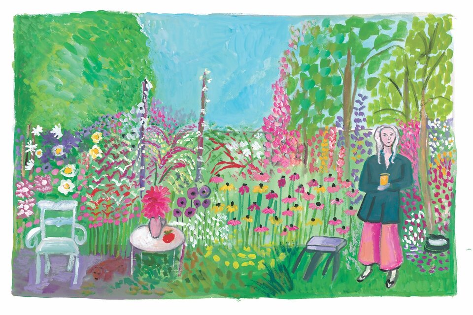 Kiki Smith Holding Honey in her Garden, de la serie Women Holding Things, por Maira Kalman