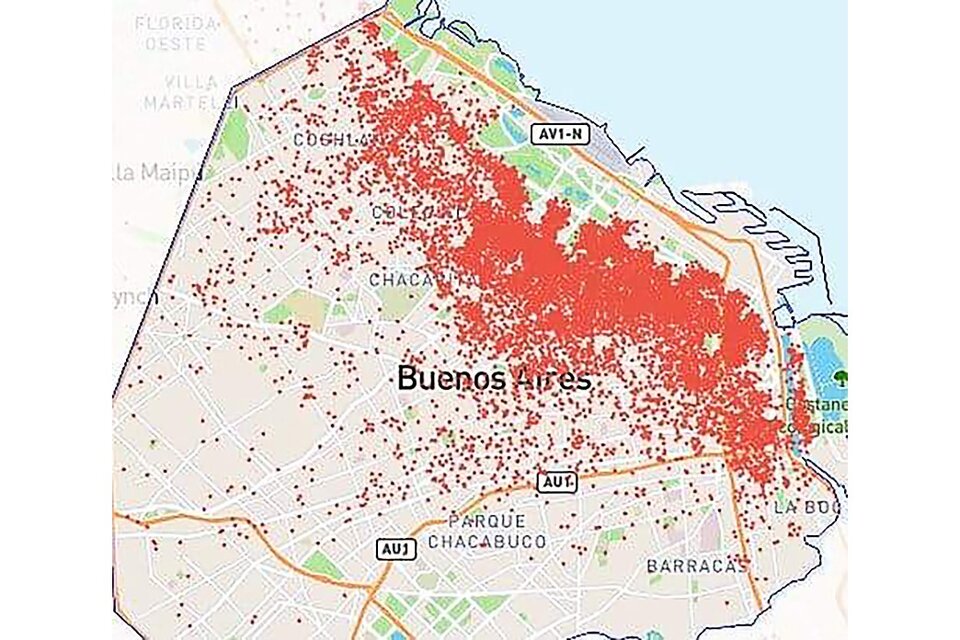 El mapa de las propiedades en alquiler temporario en la ciudad de Buenos Aires.