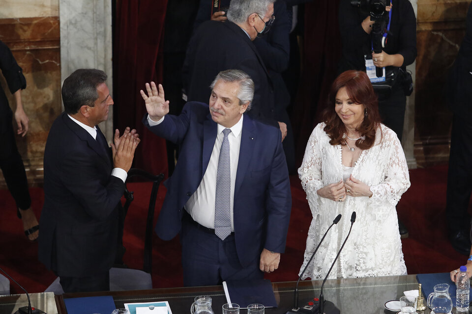 Alberto Fernández, Cristina Kirchner y Sergio Massa en la apertura de sesiones ordinarias en 2022. (Fuente: Leandro Teysseire)