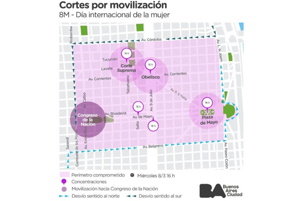 Todos los cortes de tránsito previstos en la ciudad de Buenos Aires por las marchas por el Día Internacional de la Mujer. (Fuente: Kala Moreno Parra)