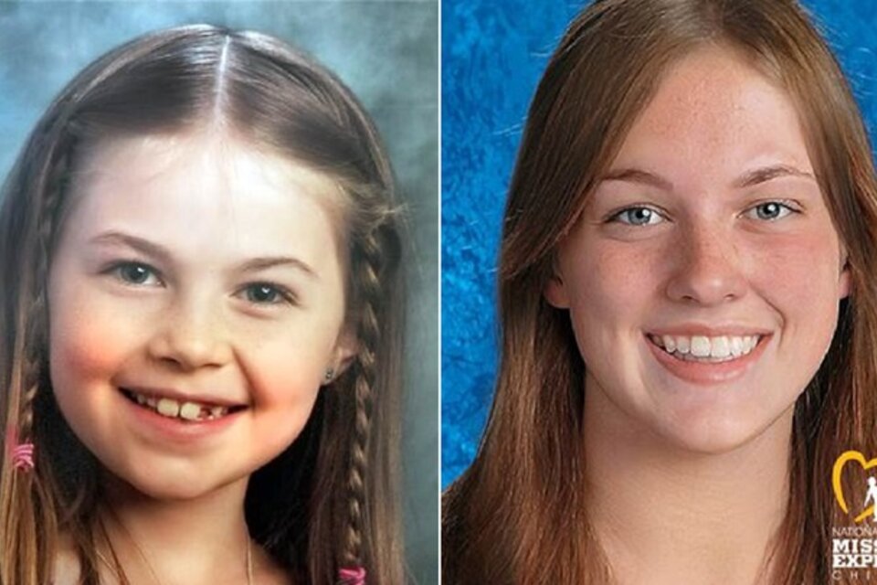 A la izquierda, una imagen de Kayla Unbehaun al momento de su desaparición. A la derecha, una foto creada artificialmente con la cual la buscaban en la actualidad. (Centro Nacional para Niños Desaparecidos y Explotados de Estados Unidos)