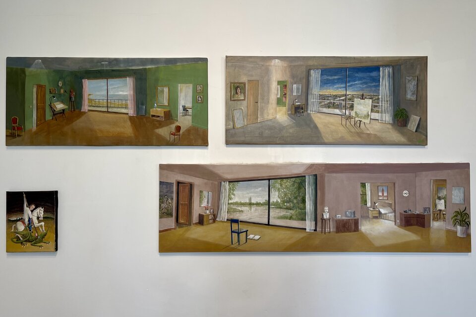 Serie de interiores apaisados de Carlos Masoch. Abajo: Conjunto de pinturas sobre papel, de Masoch.