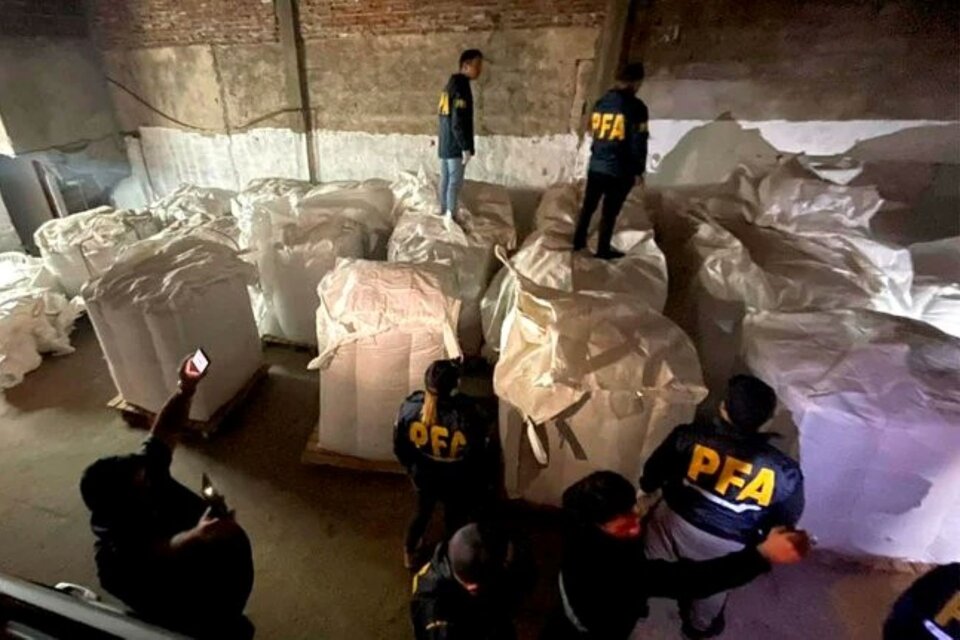 La droga iba a salir con un cargamento de pellets de maíz contenidos en bolsas "big bag" desde el Puerto de Rosario. Imagen: PFA