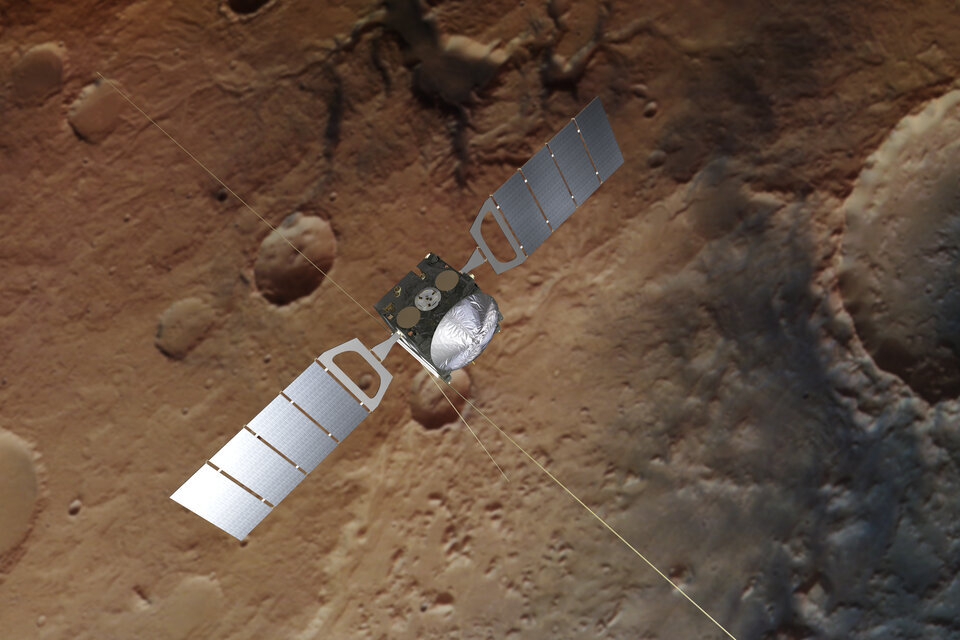 Impresión artística de Mars Express, con una imagen de Marte detrás tomada por la cámara estéreo de alta resolución de la nave espacial. (Foto: Agencia Espacial Europea)