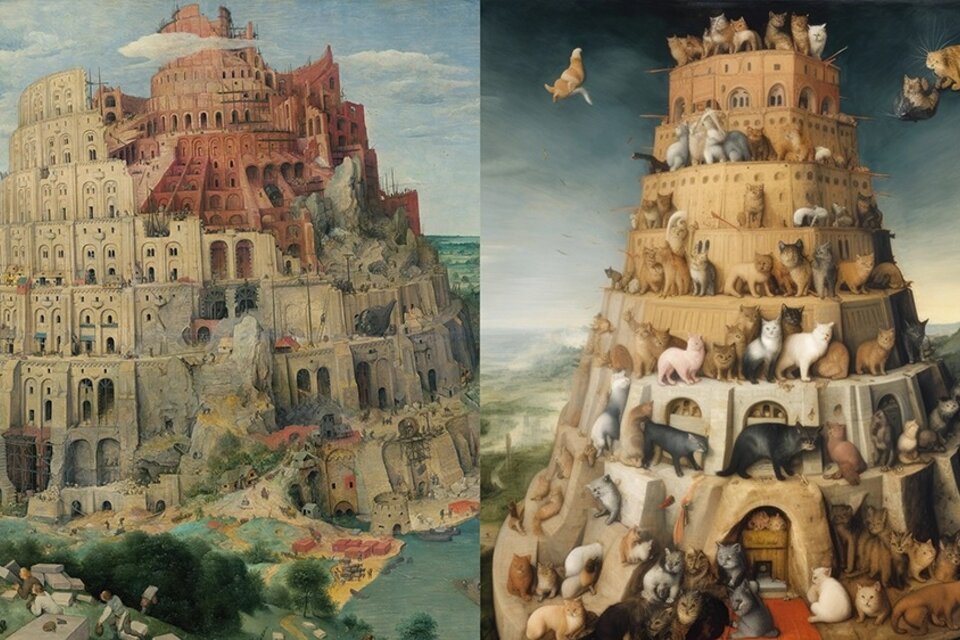 La Torre de Babel, de Bruegel - original e interpretación de IA