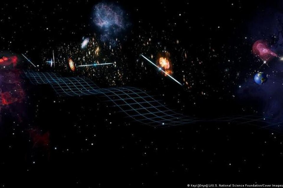 Una representación de las ondas gravitacionales procedentes de un par de agujeros negros en órbita cercana. Imagen: US Nation Science