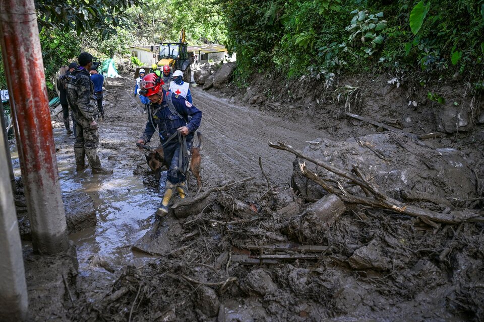 Miembros del equipo de rescate trabajan en el lugar del hecho, en el municipio de Quetame (Fuente: AFP)