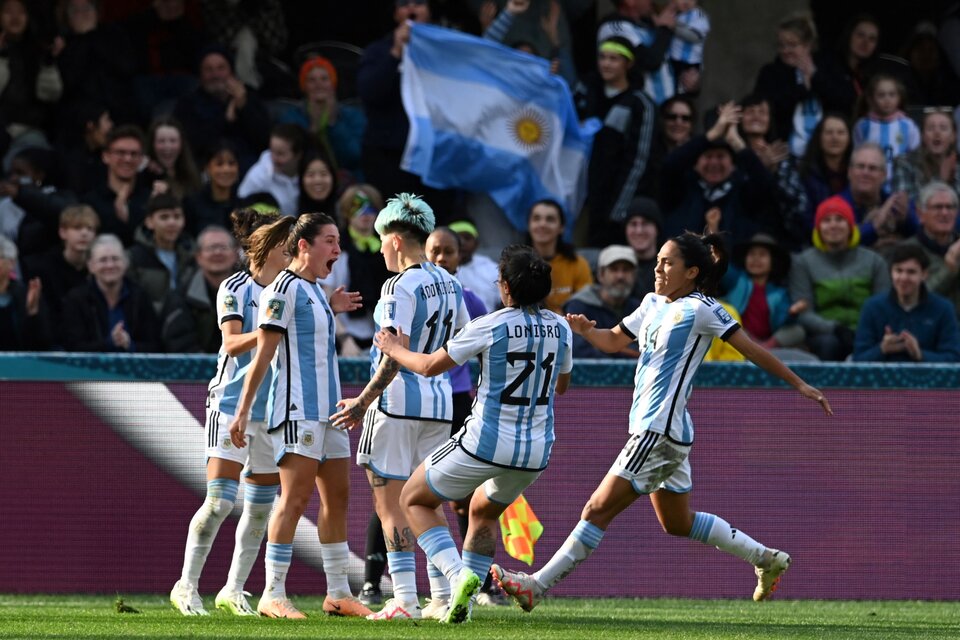 Todo el equipo argentino celebra la igualdad ante Sudáfrica (Fuente: AFP)