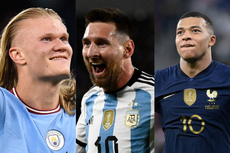 Erling Haaland, Lionel Messi y Kylian Mbappé. (Fuente: AFP)