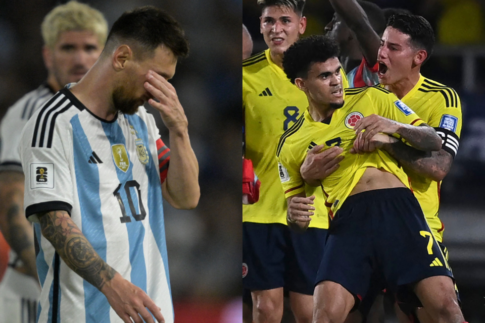 Lionel Messi se lamenta en la derrota ante Uruguay. Luis Díaz y James Rodríguez festejan en la victoria vs Brasil (Fuente: AFP)