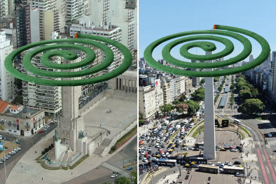 Un espiral gigante sobre el Monumento a la Bandera y otro sobre el Obelisco. (Fuente: @nunio_)