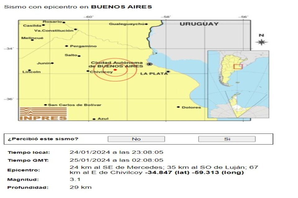 El epicentro del sismo que ocurrió en territorio bonaerense se ubicó a 24 km de Mercedes (Fuente: INPRES)