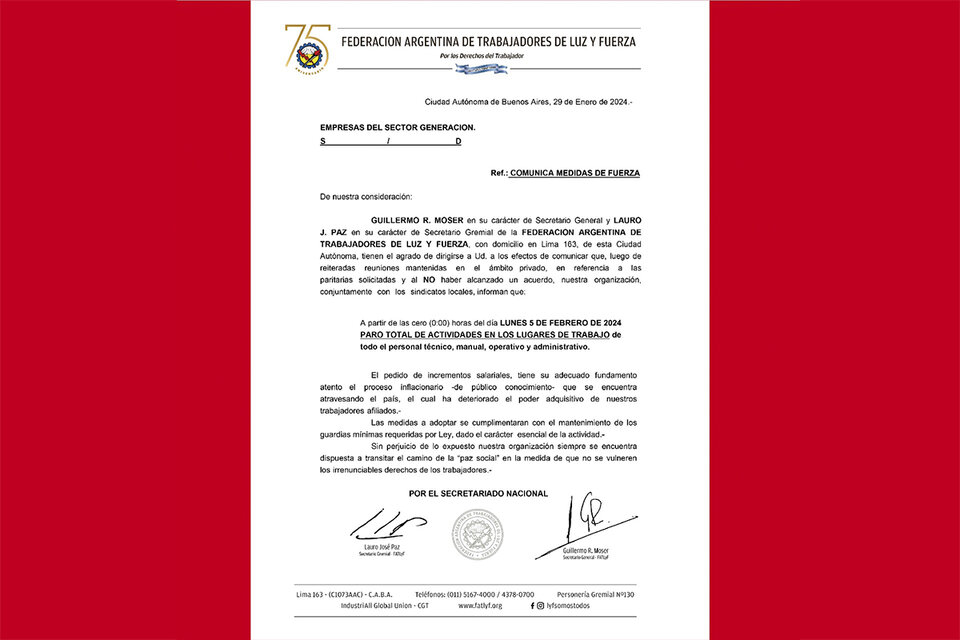 Documento firmado por el Secretario General y el Secretario Gremial de la FATLyF, Compañeros Guillermo Moser y Lauro Paz