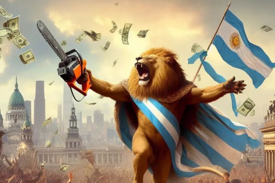 Milei llegó a la presidencia con imágenes creadas por IA como la de la foto, donde llueven dólares y la bandera argentina flamea. 