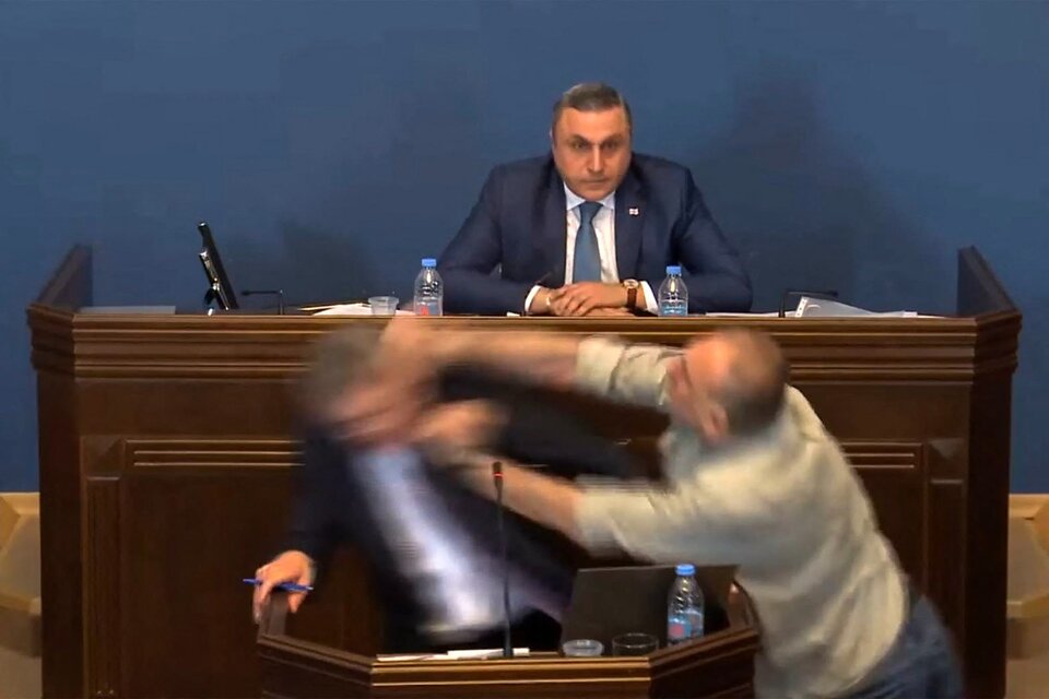 Oficialista y opositores protagonizaron este lunes una violenta pelea en el parlamento de Georgia. (Fuente: AFP)